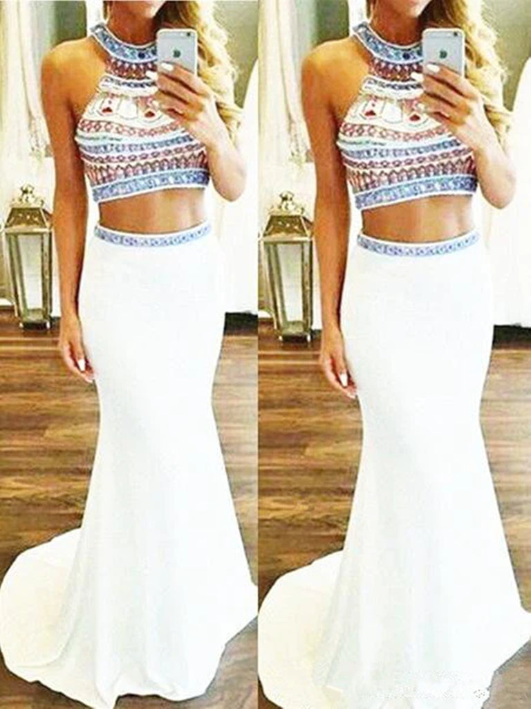 Custom Made Mermaid 2 Pieces High Neck White Prom Dresses, White 2 Pieces Formal Dresses