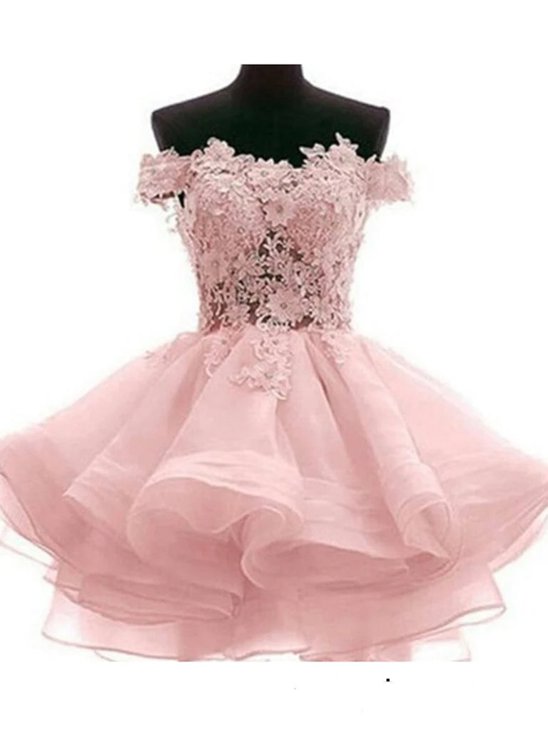 Custom Made Off Shoulder Pink Lace Short Prom Dresses, Pink Lace Bridesmaid Dresses, Homecoming Dresses