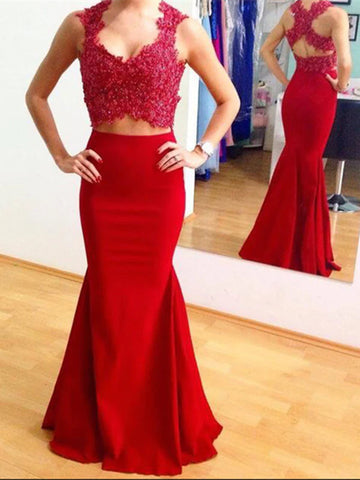 Custom Made Red 2 Pieces Sleeveless Mermaid Lace Prom Dress with Cross Back, Red Mermaid Formal Dress, Party Dress