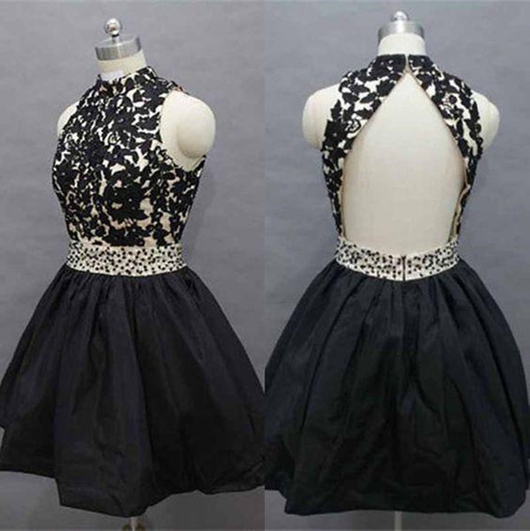 Custom Made Round Neck Backless Black Short Lace Prom Dresses, Short Lace Graduation Dresses, Homecoming Dresses