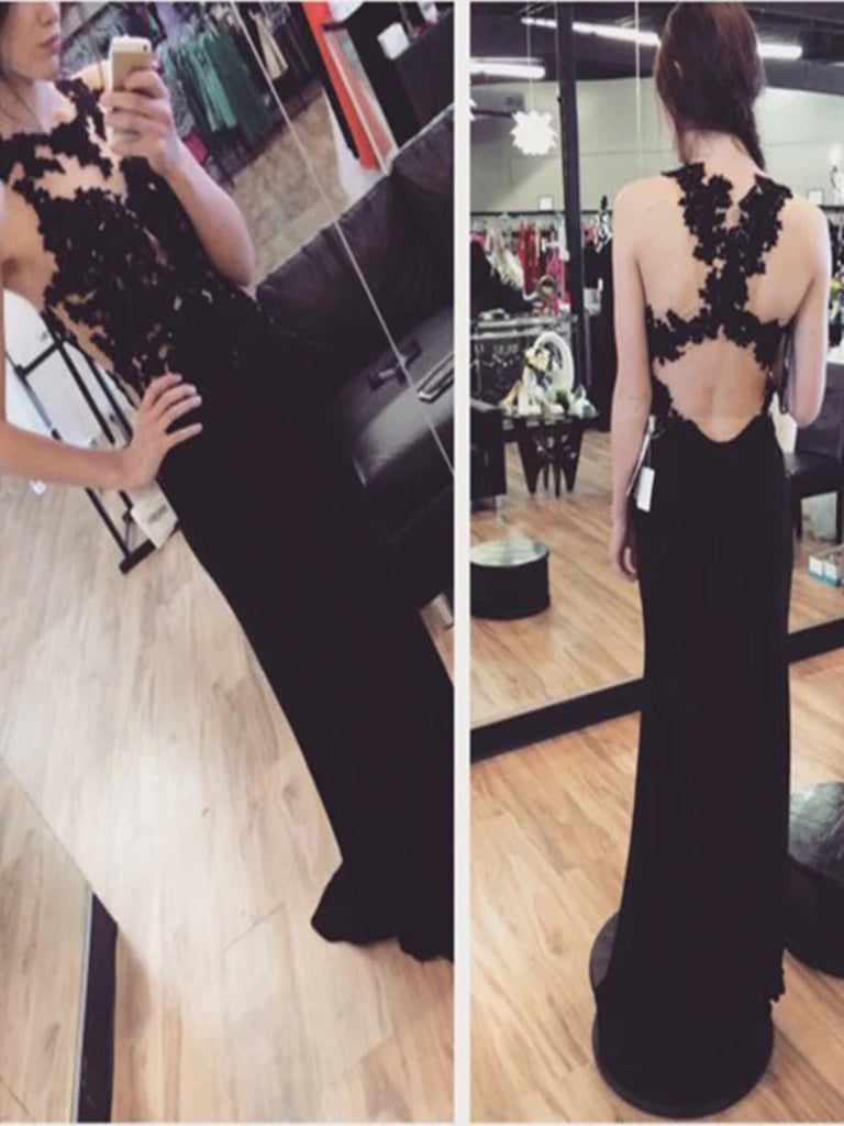 Custom Made Round Neck Black Lace Prom Dress, Black Lace Formal Dresses