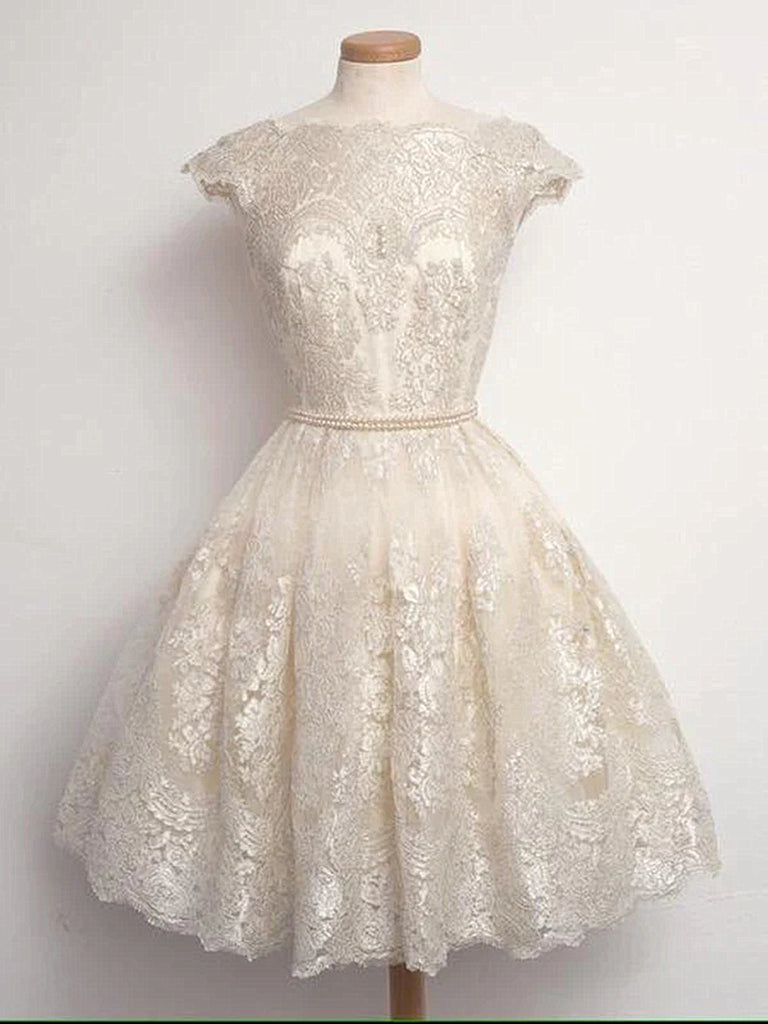 Custom Made Round Neck Cap Sleeves Short Ivory Lace Prom Dress, Short jbydress Custom Made Round Neck Cap Sleeves Short Ivory Lace Prom Dress, Short jbydress