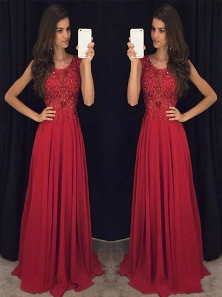 Custom Made Round Neck Long Lace Prom Dresses, Lace Formal Dresses, Burgundy Evening Dresses