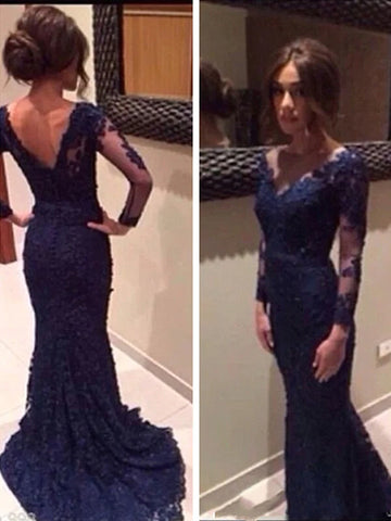 Custom Made Round Neck Long Sleeves Mermaid Backless Navy Blue Lace Prom Dresses, Lace Wedding Dresses, Formal Dresses
