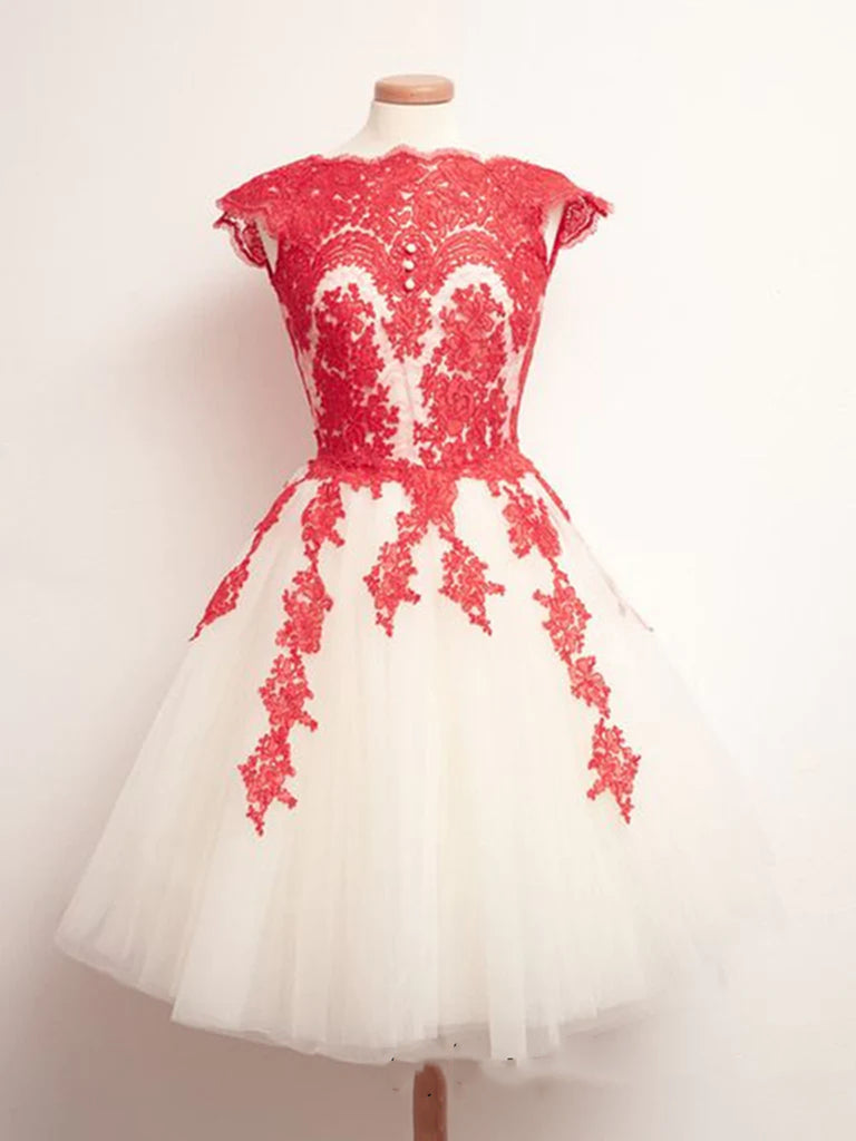 Custom Made Round Neck White And Red Lace Short Prom Dresses, Lace For – jbydress Custom Made Round Neck White And Red Lace Short Prom Dresses, Lace For – jbydress