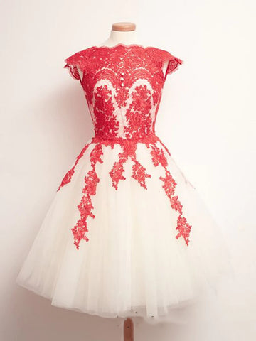Custom Made Round Neck White And Red Lace Short Prom Dresses, Lace Formal Dresses