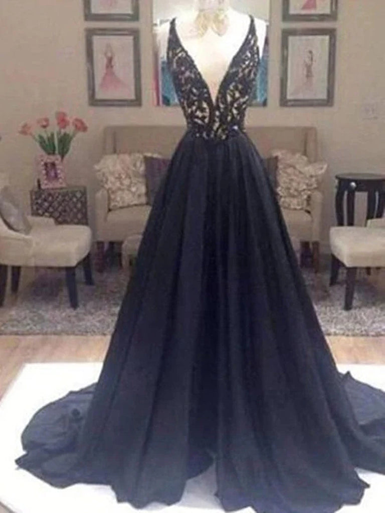 Custom Made V Neck Sweep Train Long Black Lace Prom Dress, Black Long jbydress Custom Made V Neck Sweep Train Long Black Lace Prom Dress, Black Long jbydress