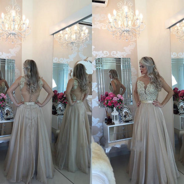 Custom Made A Line Round Neck Sleeveless Long Champagne Prom Dress, Champagne Formal Dress