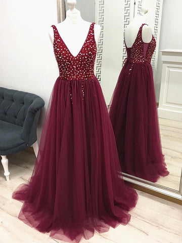 Custom Made A Line V Neck Beaded Burgundy Prom Dresses, Wine Red Beaded Formal Evening Dresses