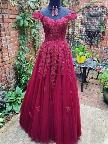 Custom Made Off Shoulder Burgundy Lace Prom Dresses, Off the Shoulder Burgundy Lace Formal Bridesmaid Dresses