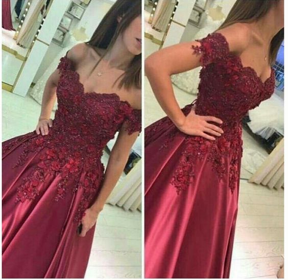 Custom Made Off Shoulder Lace Prom Gown, Burgundy/Green Lace Prom Dresses, Formal Dresses