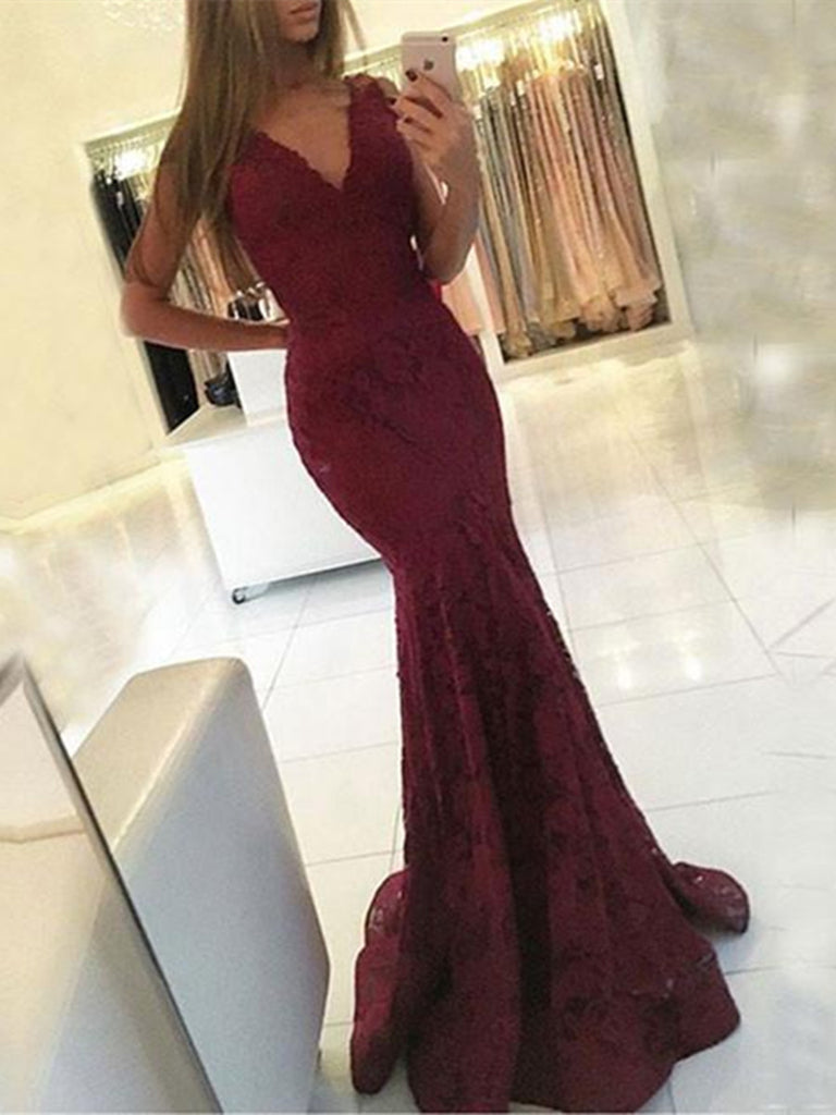 V Neck Burgundy Mermaid Lace Prom Dress, Mermaid Formal Dress, Lace Br jbydress V Neck Burgundy Mermaid Lace Prom Dress, Mermaid Formal Dress, Lace Br jbydress