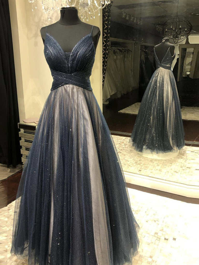 Dark Navy Blue Tulle Long Prom Dresses, Backless Dark Blue Long Formal Evening Dresses