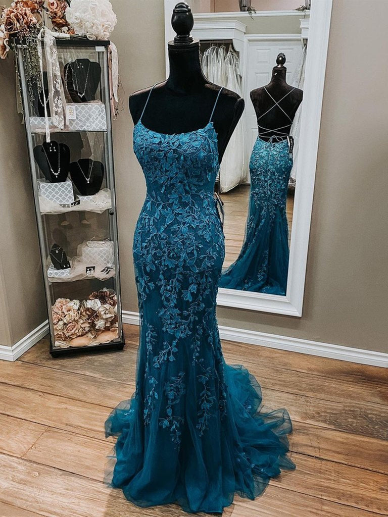 Dark Teal Blue Mermaid Lace Prom Dresses, Teal Blue Lace Mermaid Formal Evening Dresses