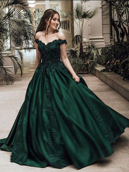Dark Green Off Shoulder Lace Prom Gown, Off Shoulder Lace Formal Dresses, Green Evening Dresses