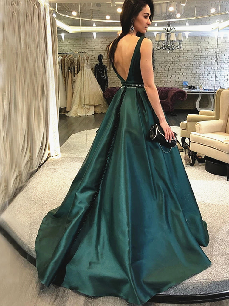 Dark Green V Neck Back Long Prom Dresses, Long Green Formal Evening Dr jbydress Dark Green V Neck Back Long Prom Dresses, Long Green Formal Evening Dr jbydress