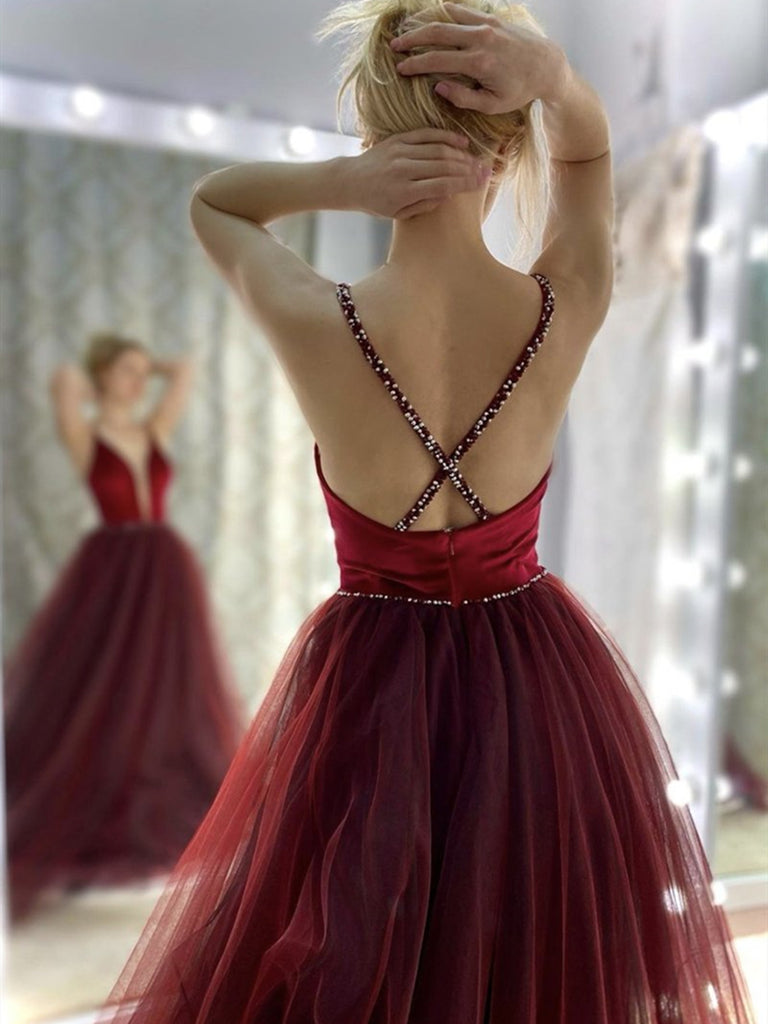Deep V Neck Backless Burgundy Long Prom Dresses, Open Back Wine Red Long Formal Evening Dresses