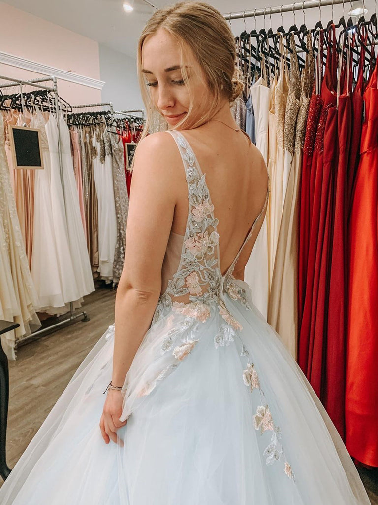 deep v neck tulle dress Deep V-Neck Open Back Tulle A-Line Wedding Dress White / US 2