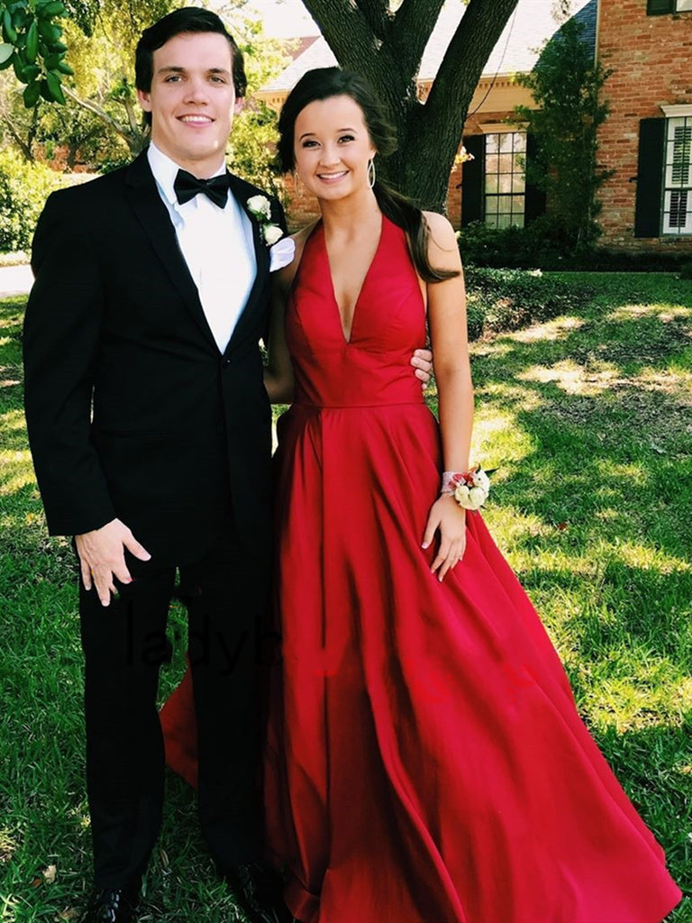 Deep V Neck Dark Red Satin Long Prom Dresses, Dark Red Satin