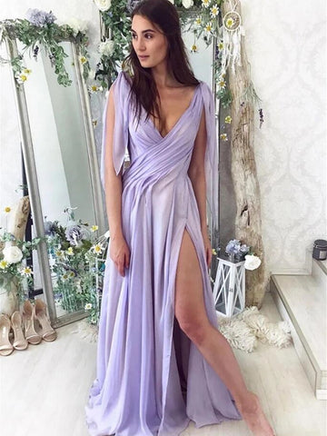 Deep V Neck Purple Chiffon Long Prom Dresses, Purple V Neck Long Formal Evening Dresses