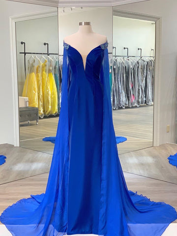 Deep V Neck Royal Blue Mermaid Long Prom Dresses, V Neck Royal Blue Formal Evening Dresses
