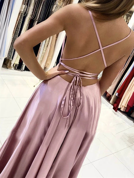 Dusty Pink Backless Long Prom Dresses, Dusty Pink Open Back Long Formal Evening Dresses
