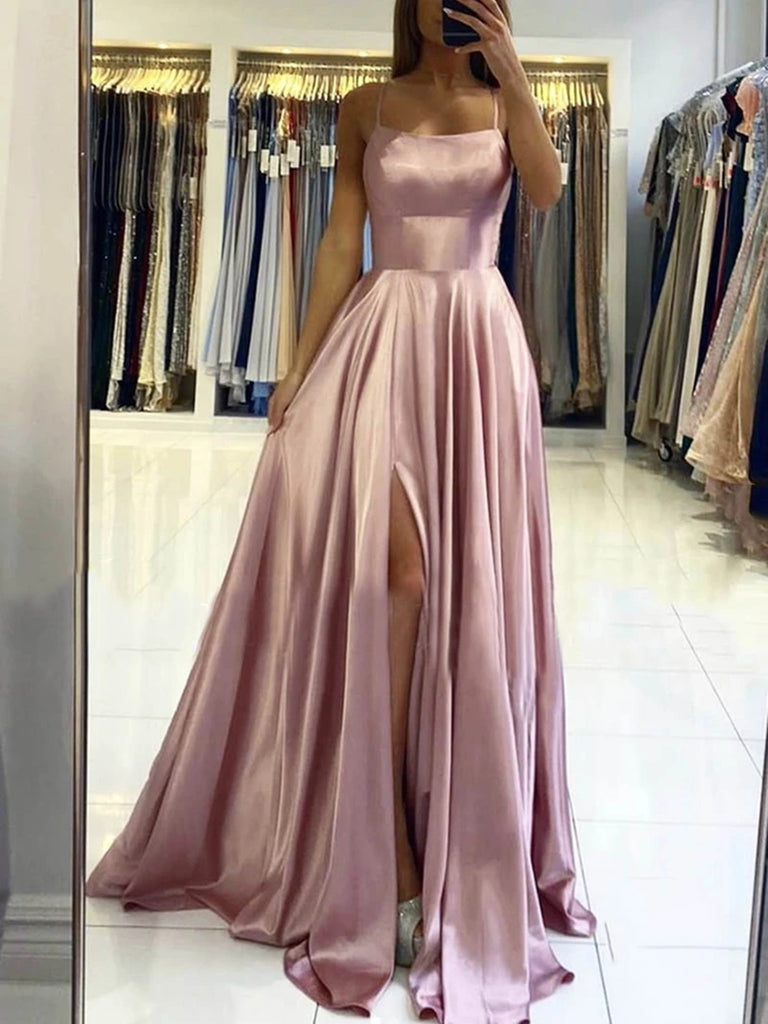 Dusty Pink Backless Long Prom Dresses, Dusty Pink Open Back Long Formal Evening Dresses