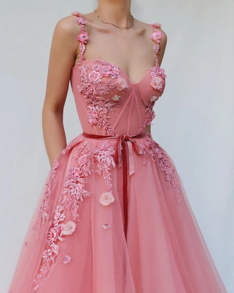 Dusty Pink Lace Floral Prom Dresses, Pink Lace Floral Formal Graduation Dresses