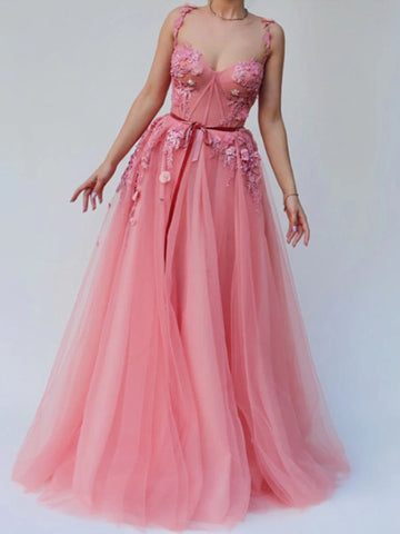 A Line V Neck Backless Pink Floral Lace Prom Dresses, Pink 3D Flower Lace  Formal Graduation Homecoming Dresses