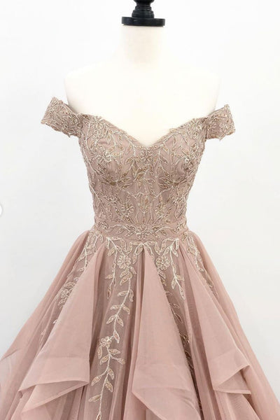 Elegant Off Shoulder Champagne Lace Prom Dresses, Champagne Lace Formal Evening Dresses