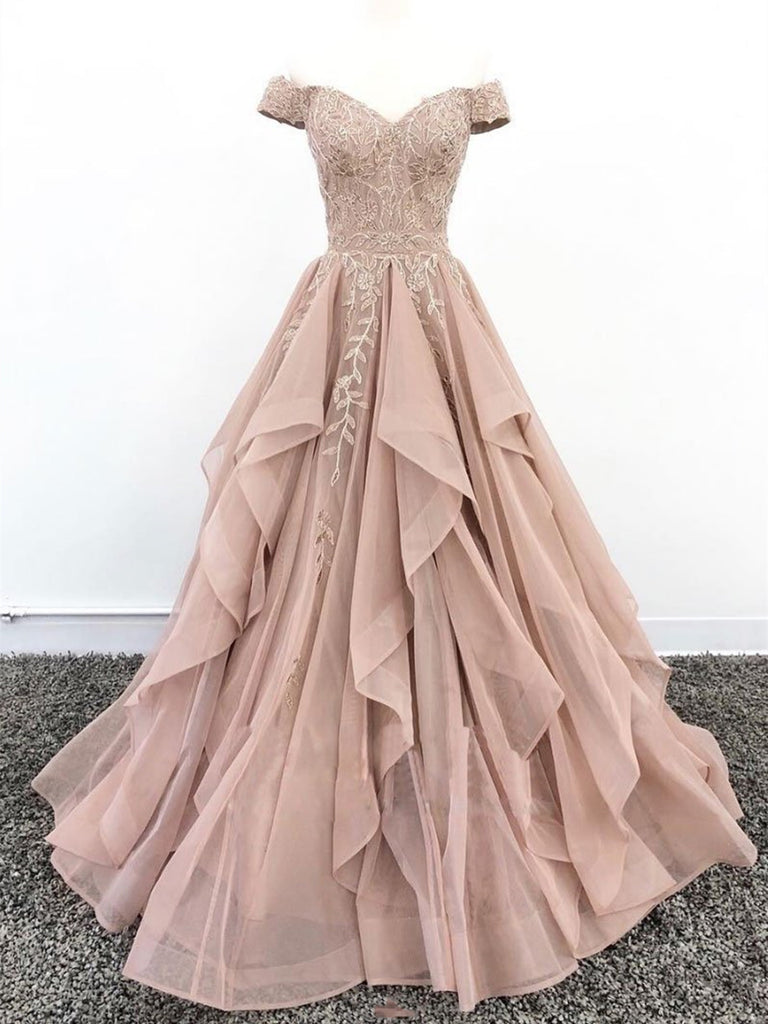 Elegant Off the Shoulder Champagne Lace Prom Dresses, Off Shoulder Cha jbydress Elegant Off the Shoulder Champagne Lace Prom Dresses, Off Shoulder Cha jbydress