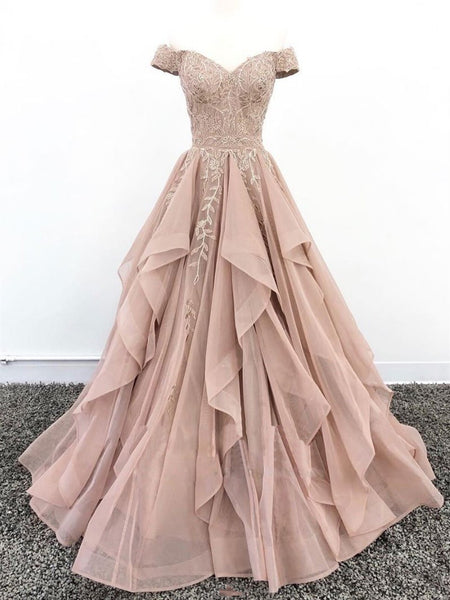 Elegant Off Shoulder Champagne Lace Prom Dresses, Champagne Lace Formal Evening Dresses