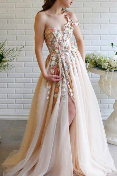 Elegant One Shoulder Champagne Prom Dresses with Flower, One Shoulder Champagne Floral Formal Evening Dresses