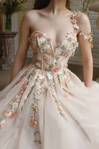 Elegant One Shoulder Champagne Prom Dresses with Flower, One Shoulder Champagne Floral Formal Evening Dresses