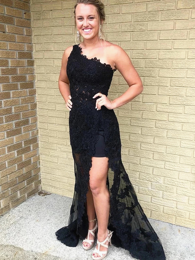 One Shoulder Black Lace Cocktail Dress