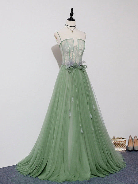 Green Lace Long Prom Dresses, Green Lace Long Formal Graduation Dresses
