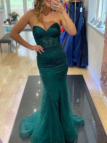 Green Lace Mermaid Prom Dresses, Green Lace Mermaid Formal Evening Dresses