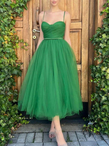 Green Tea Length Prom Dresses, Green Tea Length Graduation Homecoming Dresses