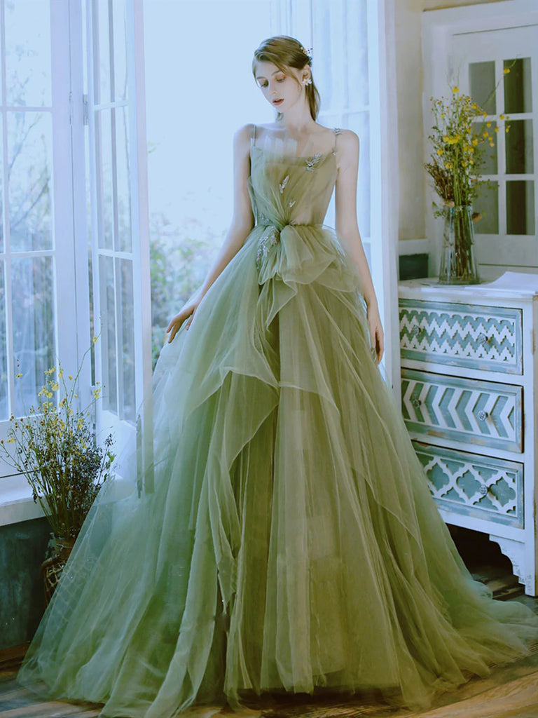 Green Tulle High Low Long Prom Dresses, Green Tulle Long Formal Evenin jbydress Green Tulle High Low Long Prom Dresses, Green Tulle Long Formal Evenin jbydress