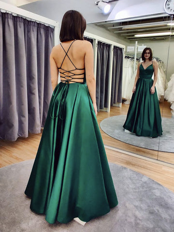 Green V Neck Backless Satin Prom Dresses, Open Back Green Satin Formal Evening Dresses