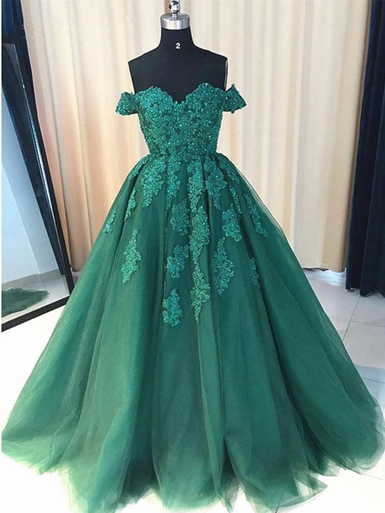 Custom Made Off Shoulder Emerald Green Lace Prom Dresses, Green