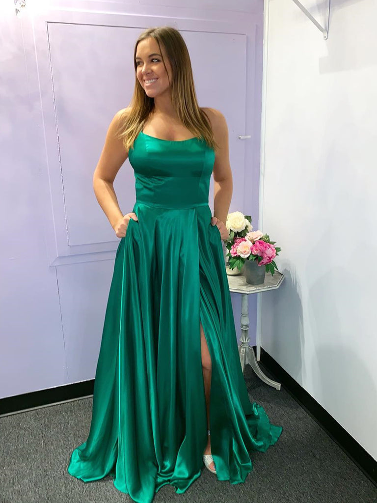 Green Long Prom Dresses with Leg Slit, Long Green Formal Evening Bridesmaid Dresses