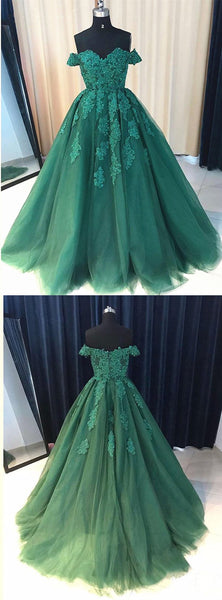 Custom Made Off Shoulder Emerald Green Lace Prom Dresses, Green Formal Dresses, Lace Prom Gown
