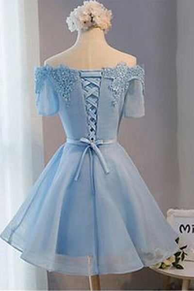 A Line Sky Blue Short Lace Prom Dresses, Sky Blue Graduation Dresses, Lace Homecoming Dresses