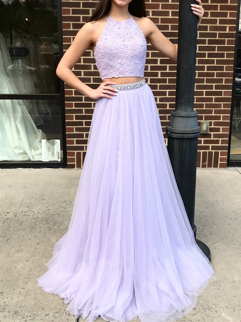 Halter Neck Pieces Purple Lace Prom Dresses, Two Pieces Lace