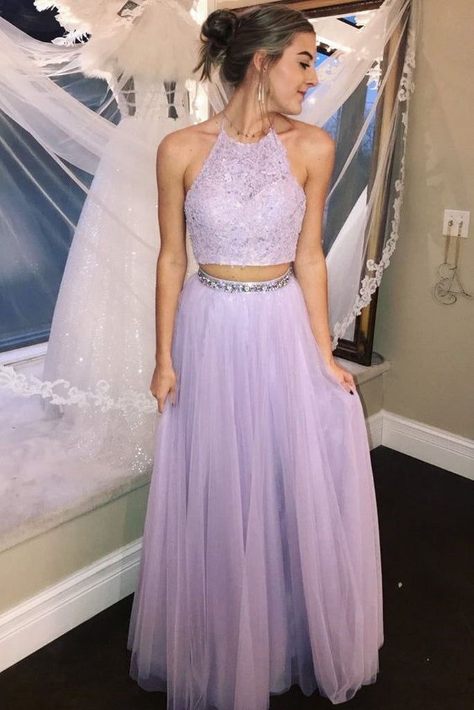 Halter Neck 2 Pieces Purple Lace Prom Dresses, Two Pieces Lace Formal jbydress Halter Neck 2 Pieces Purple Lace Prom Dresses, Two Pieces Lace Formal jbydress