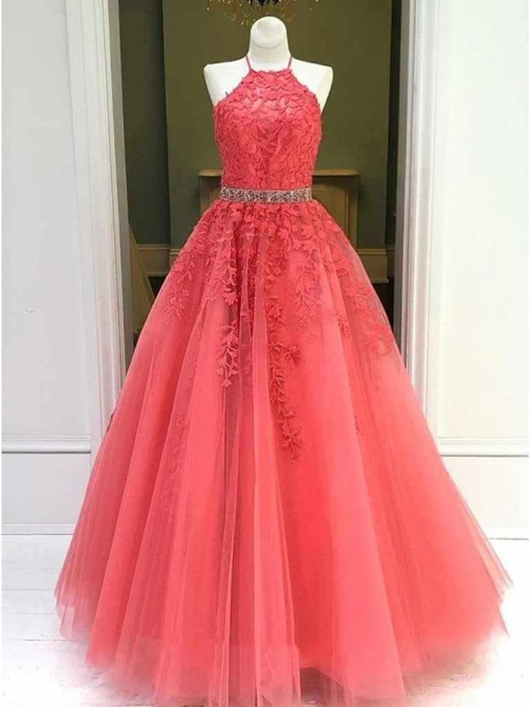 Halter Neck Coral Lace Prom Dresses, Halter Neck Coral Lace Formal Eve jbydress Halter Neck Coral Lace Prom Dresses, Halter Neck Coral Lace Formal Eve jbydress