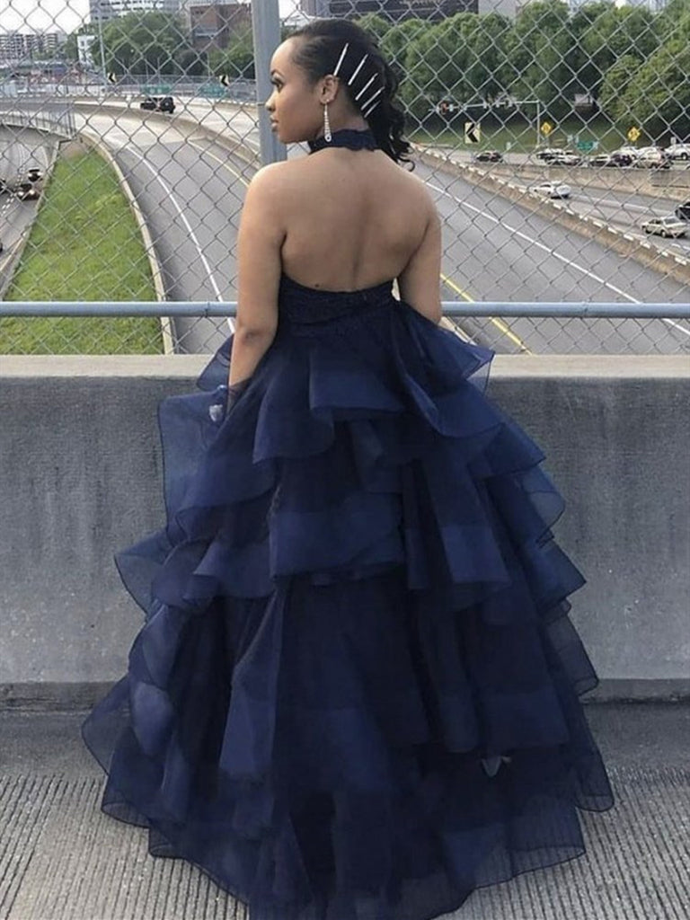 Halter Neck Dark Blue Lace Prom Dresses, Dark Navy Blue Lace Formal Ev jbydress Halter Neck Dark Blue Lace Prom Dresses, Dark Navy Blue Lace Formal Ev jbydress