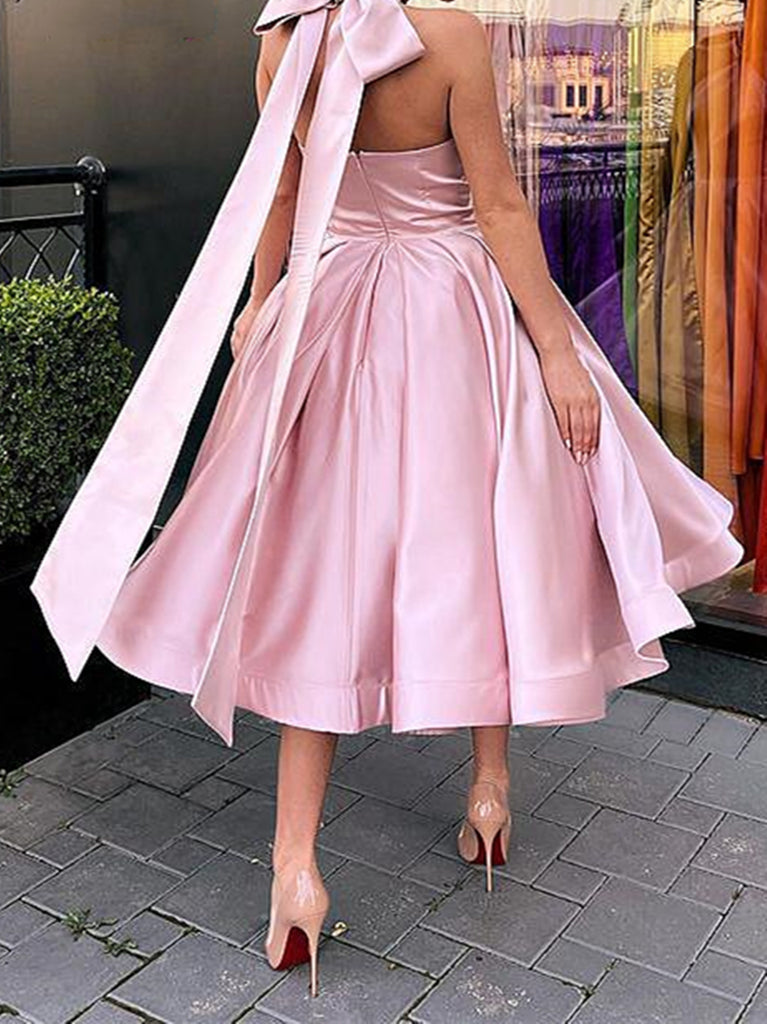 Halter Neck Pink Tea Length Prom Dresses, Short Pink Satin Formal Home –  jbydress