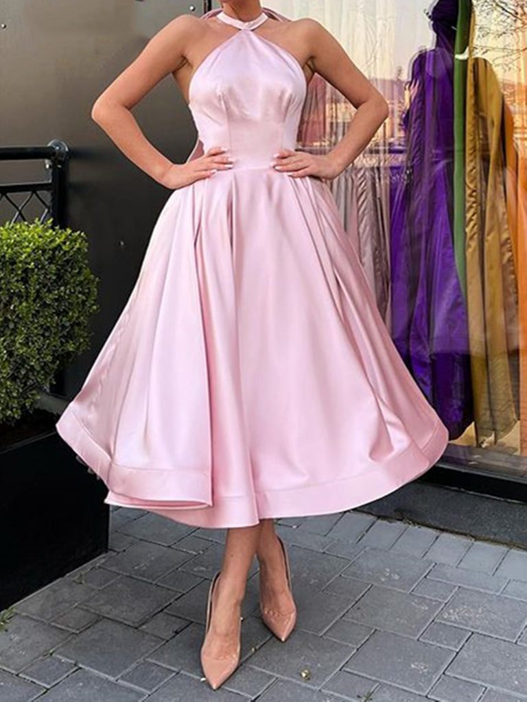 Halter Neck Pink Tea Length Prom Dresses, Short Pink Satin Formal Home –  jbydress